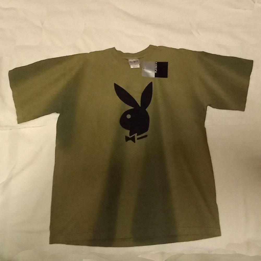 Playboy Rabbit Head Military Distressed Olive Green Short Sleeve Medium